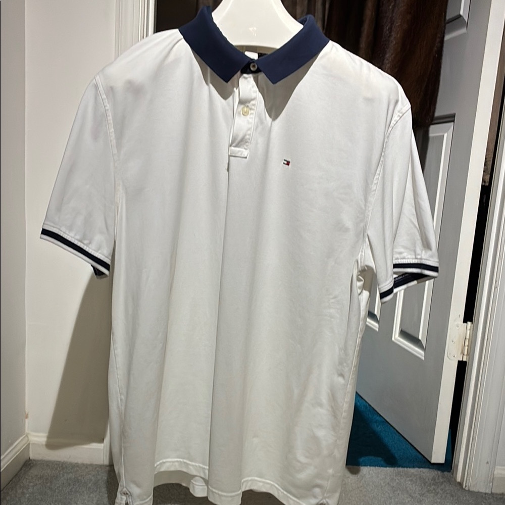 Tommy Hilfiger Men's White Polo Shirt with Navy Collar